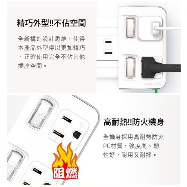台灣製 3P變2切2座節能小壁插 轉換型 開關插座一體成型 降低阻 高耐熱防火PC材質電源延長插座 / 壁插 / 轉接-細節圖4