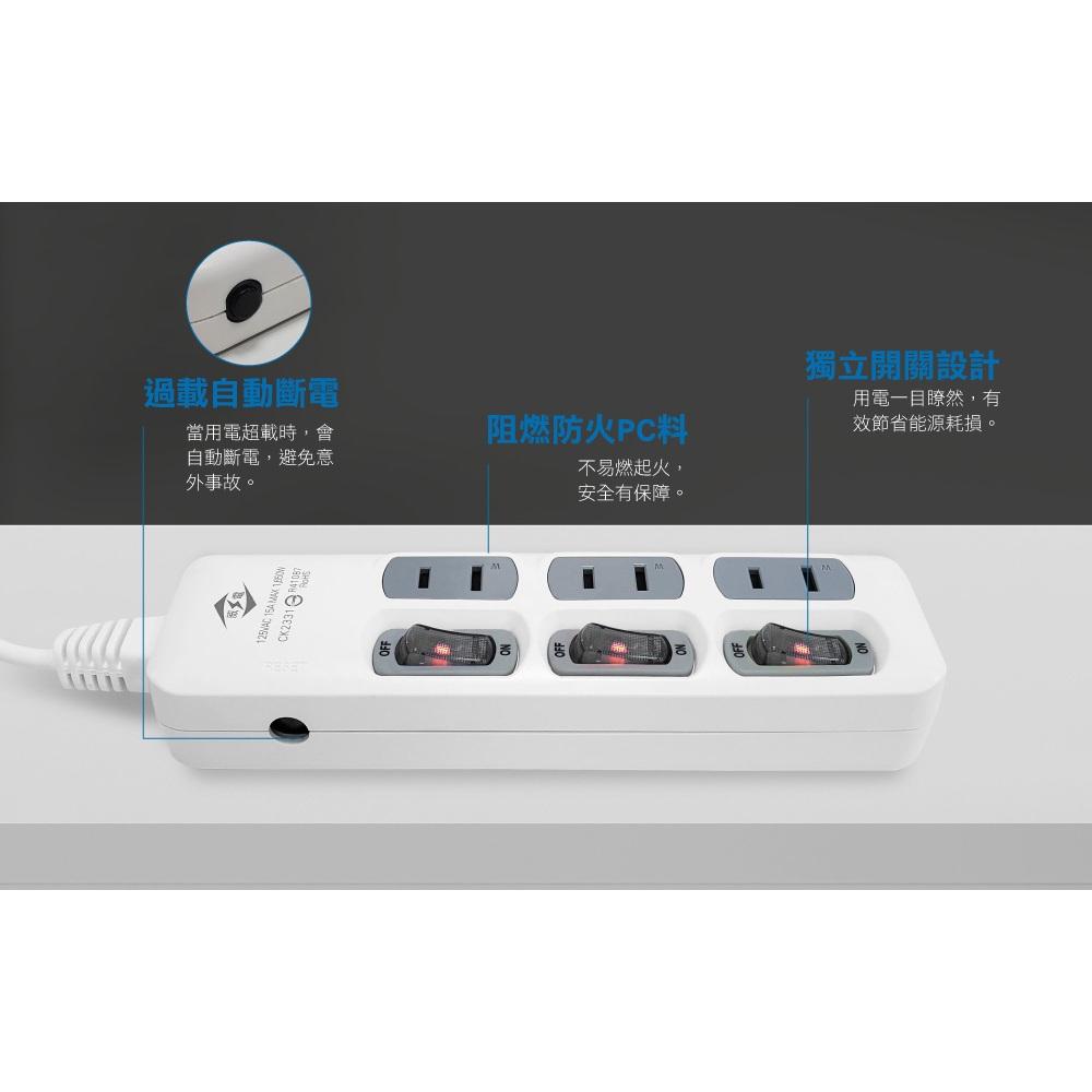 威電 CK2331 過載斷電3開3座電源延長線 4尺 6尺 9尺 21尺 延長線-細節圖5