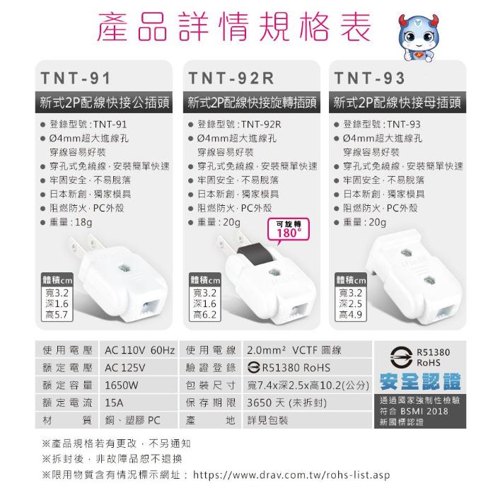 聖岡科技 TNT-91 TNT-92R TNT-93 TNT-835R 2P快接插頭 配線插頭 公插 母插 轉向插頭-細節圖2