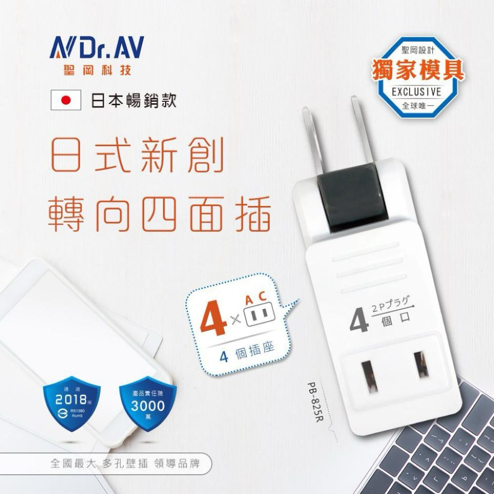 TNT-825R 黑色 奶茶色 日式白色 轉向四面插  轉向插座 4孔 2P 壁插 分接器 180°轉向-細節圖3