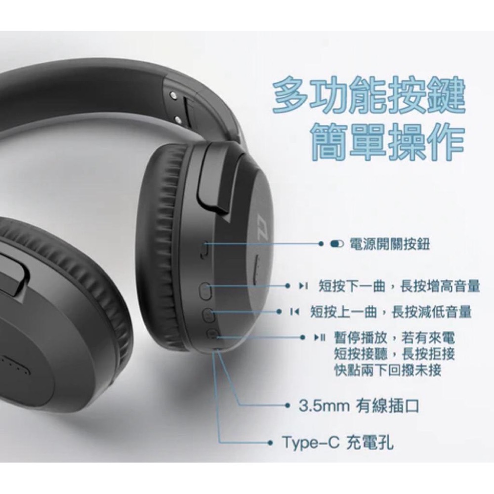 全罩式藍牙耳機TM-086 內建麥克風 Type-C充電 音樂控制鍵 可接音源線 可折疊收納-細節圖3