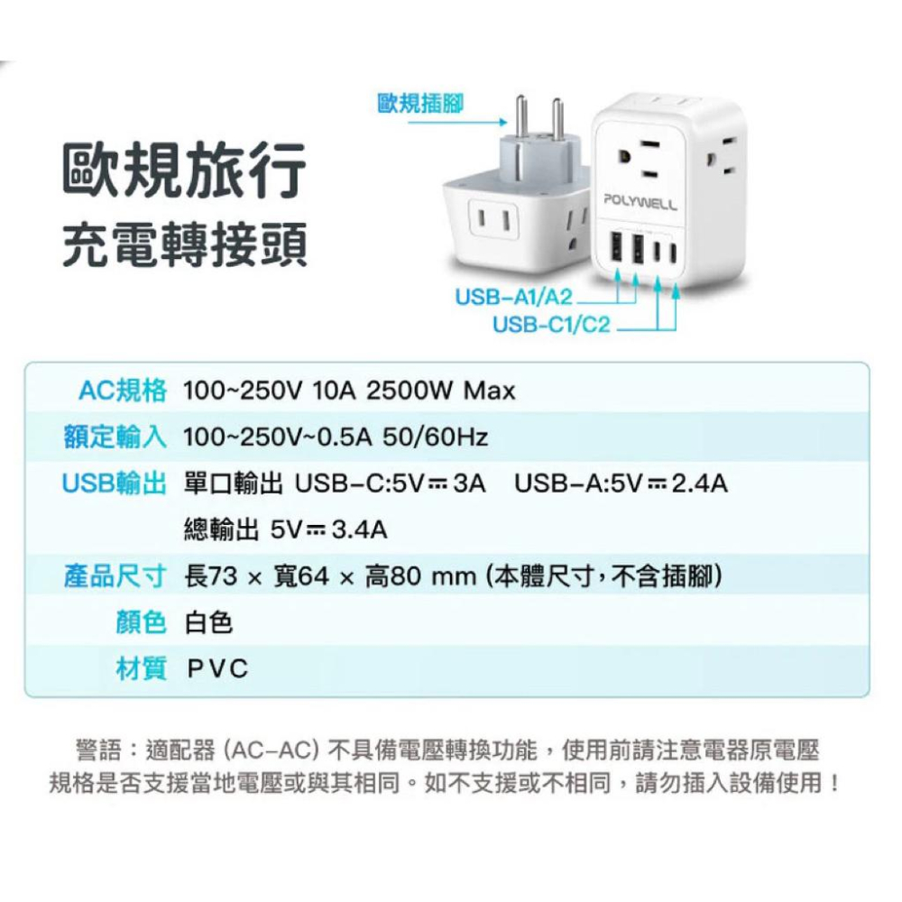 POLYWELL 歐規旅行轉接頭 旅行轉接插座 雙Type-C＋雙USB充電孔 附硬殼收納包 OL-519GE-細節圖7
