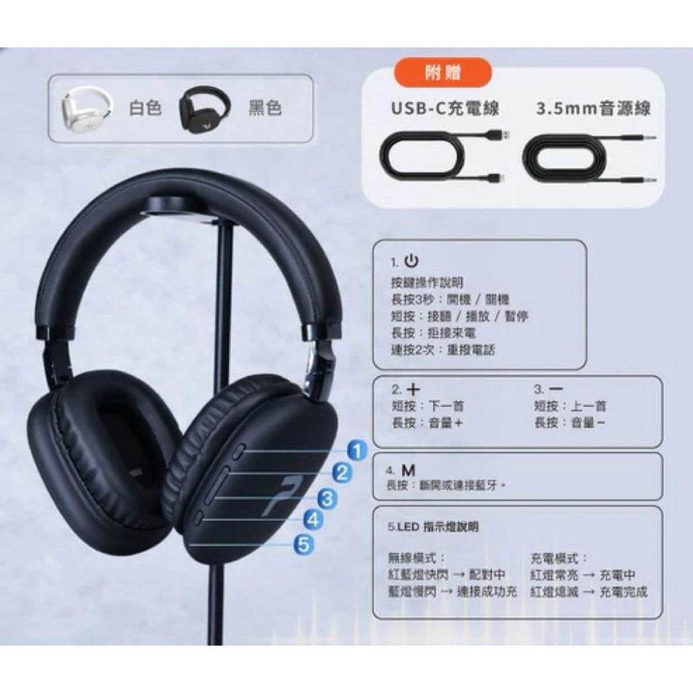 POLYWELL 全罩式藍牙耳機TM-087 超長續航耳罩耳機 高音質 內建麥克風 Type-C充電 可折疊-細節圖9