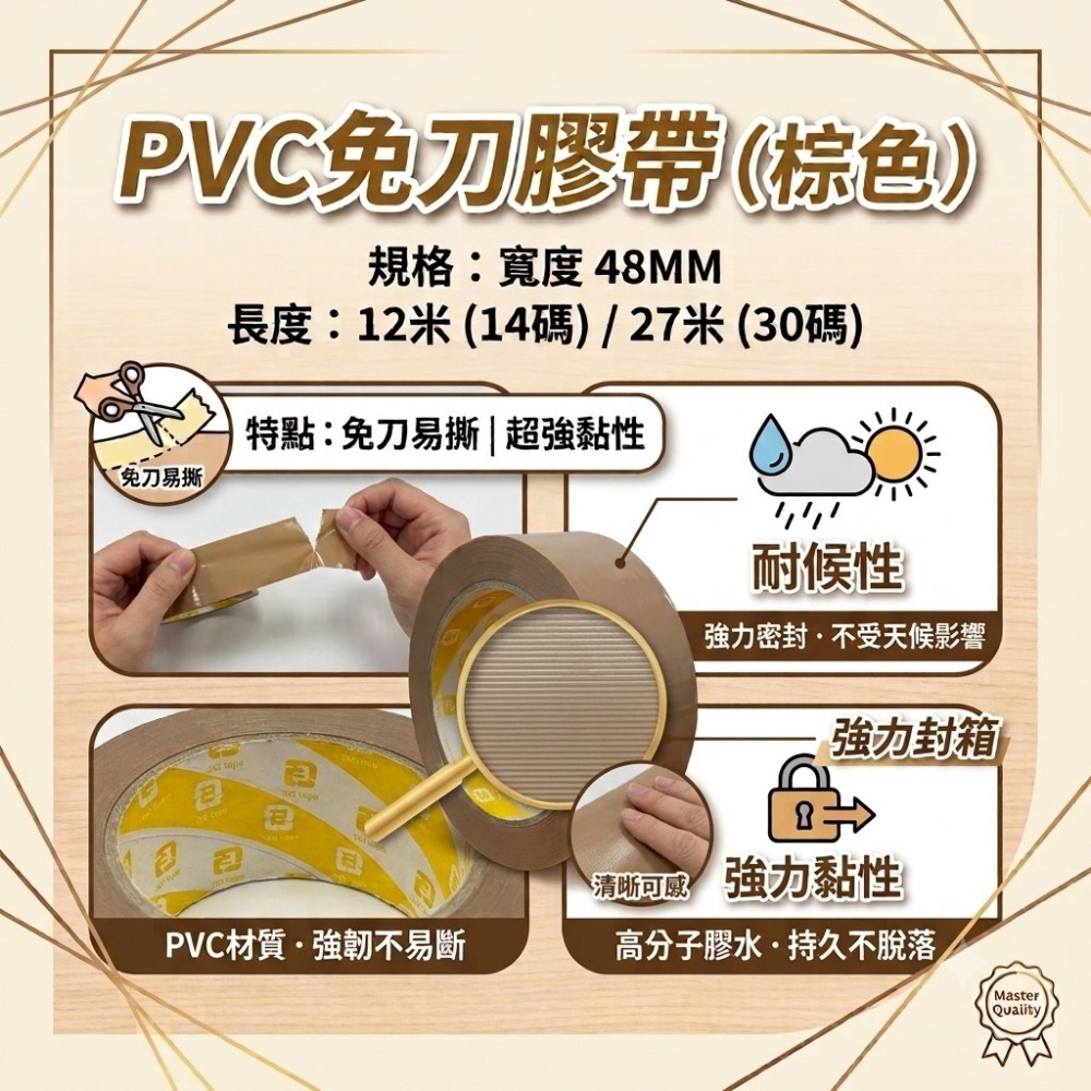 3Q牌 PVC免刀膠帶 棕色膠帶 手撕膠帶 封箱膠帶 易撕膠帶 強力膠帶 打包膠帶 48mm 14碼 30碼 壓紋膠帶-細節圖2