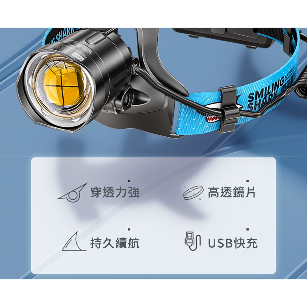 微笑鯊【K808 P100變焦強光頭燈】防水 釣魚頭燈 頭戴式頭燈 夜釣燈 露營 登山 戶外照明 多功能照明 手電筒-細節圖3