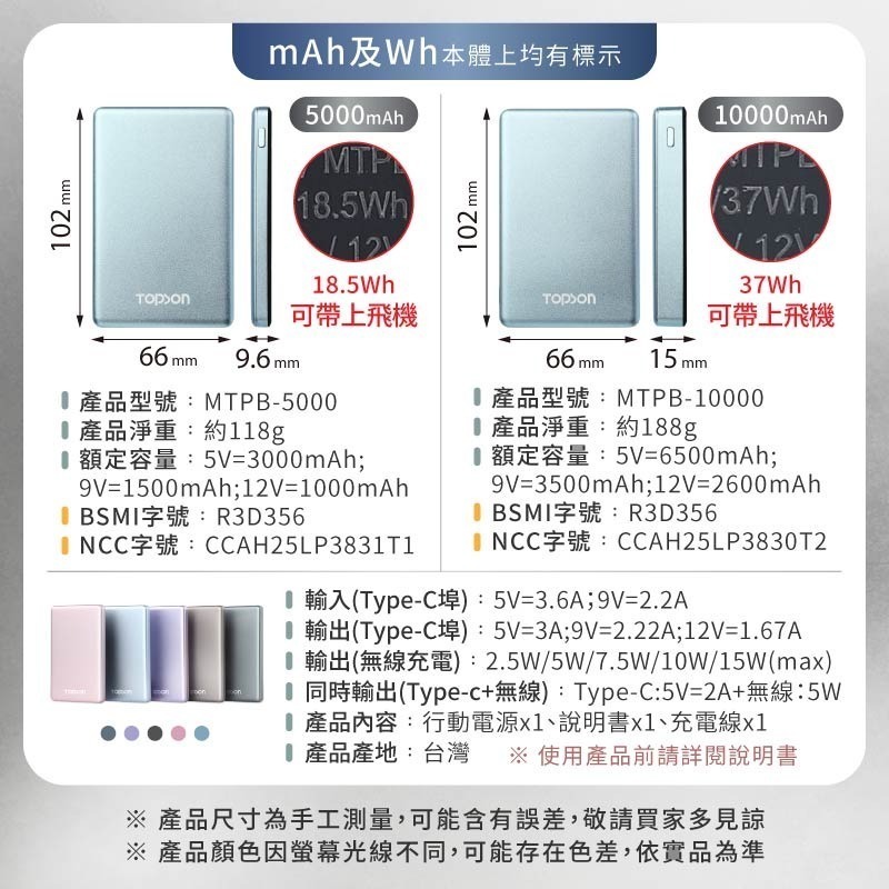 TOPSON 超薄磁吸行動電源 超輕薄 無線磁吸充電 行動電源 可上飛機 標示wh-細節圖9