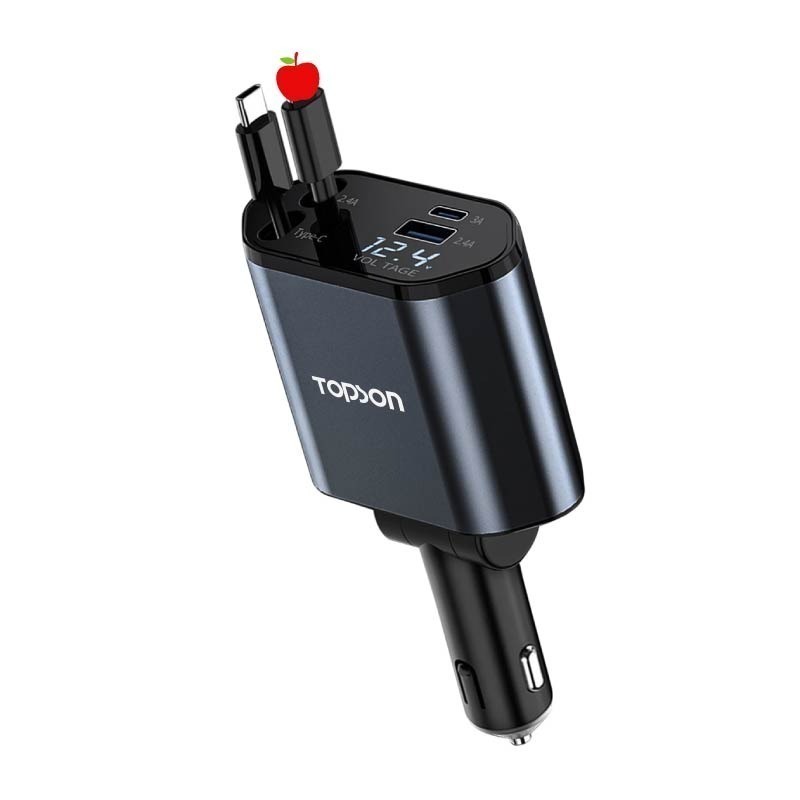 TOPSON 雙線車用充電器 車載充電器 自帶線可伸縮 雙線伸縮車充 汽車轉接充電頭 車載快充 車充擴充-細節圖2