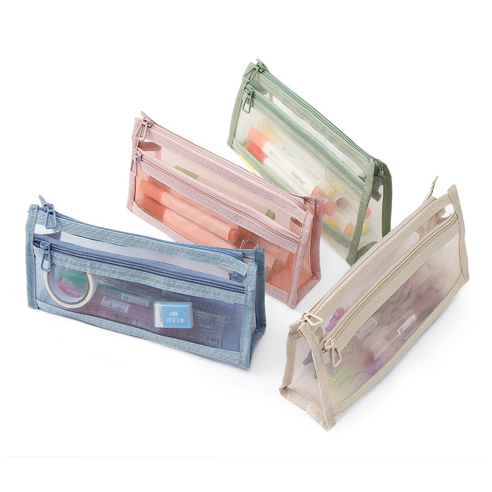 莫蘭迪網紗筆袋 網紗筆袋 雙層筆袋 雙層網紗筆袋 透明筆袋 三角筆袋 立體筆袋 鉛筆袋 筆袋-細節圖2