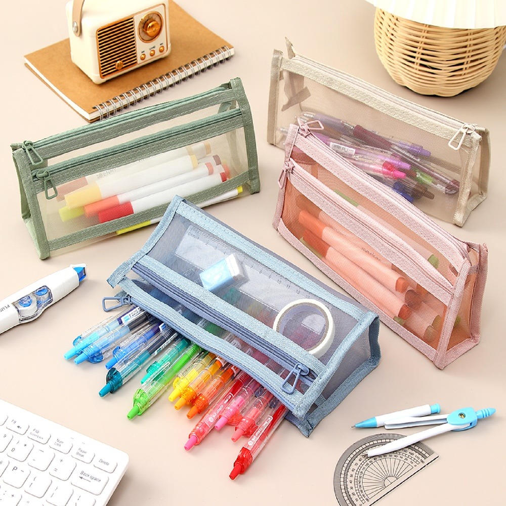 莫蘭迪網紗筆袋 網紗筆袋 雙層筆袋 雙層網紗筆袋 透明筆袋 三角筆袋 立體筆袋 鉛筆袋 筆袋-細節圖11
