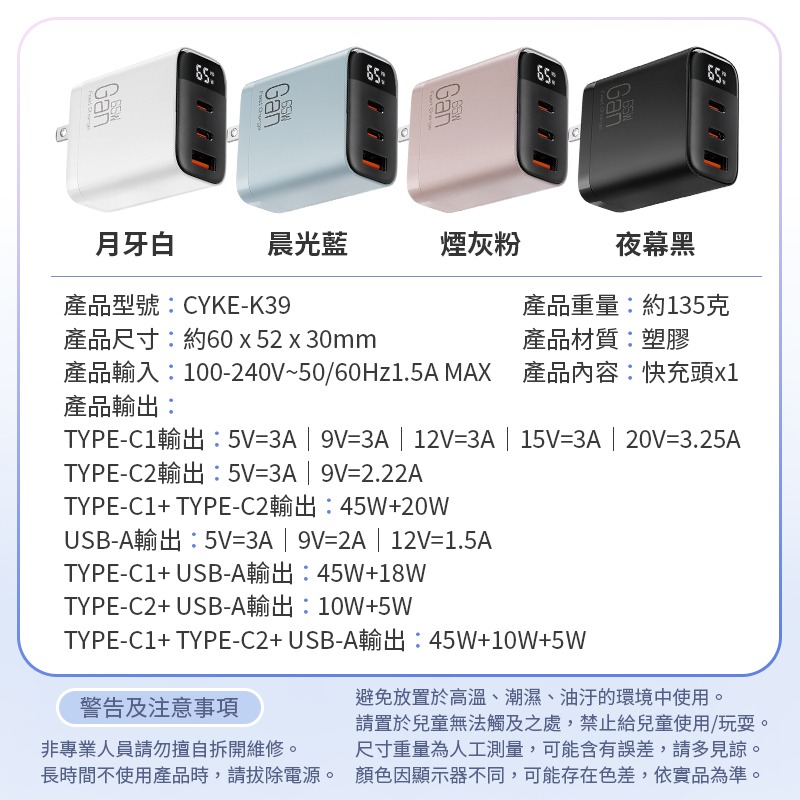 65W氮化鎵數顯快充頭 三孔快充頭 氮化鎵充電器 GaN充電頭 65w充電頭-細節圖8