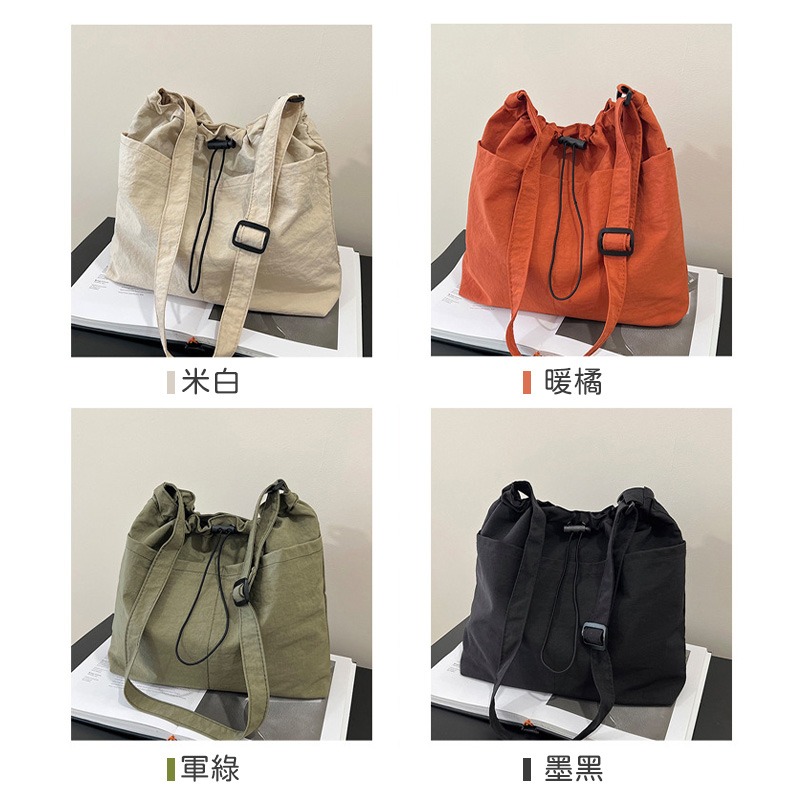 輕量托特包 抽繩束口斜背包 尼龍單肩包 韓版風格斜背包 抽繩水桶包 純色大容量斜背包-細節圖9