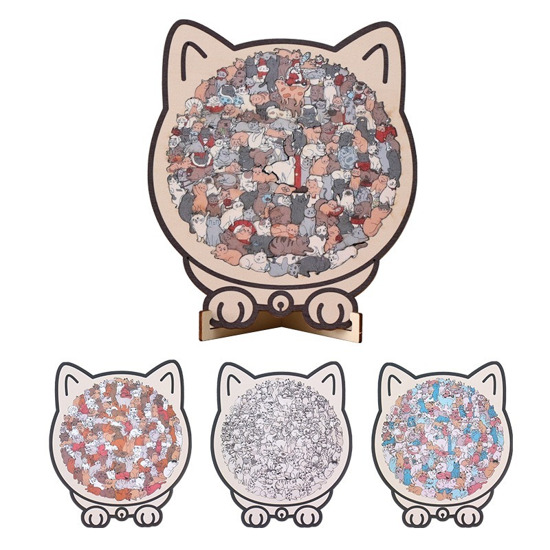 貓咪木拼圖 貓咪拼圖 莫蘭迪彩色貓形拼圖 貓咪拼圖擺件 貓咪木質拼圖 堆堆樂拼圖 木質拼圖-細節圖2