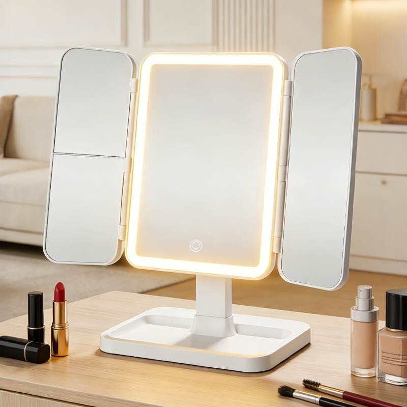 折疊補光化妝鏡 LED折疊美妝鏡 觸摸式梳妝鏡 折疊化妝鏡 三面化妝鏡 化妝鏡-細節圖11