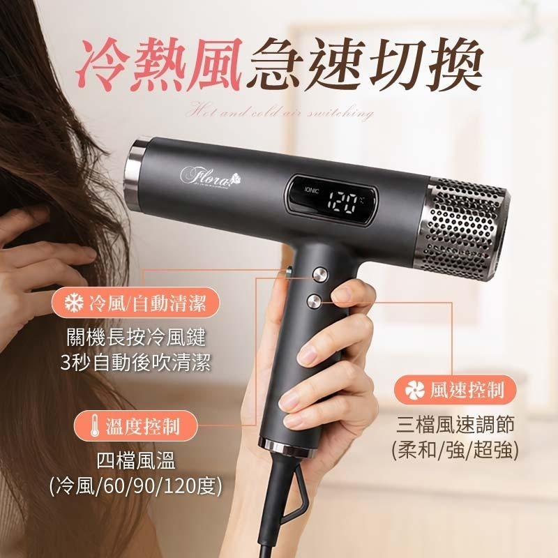 FLORA 負離子無刷吹風機 附磁吸捲髮棒 無刷馬達吹風機 高速吹風機 沙龍級吹風機-細節圖5