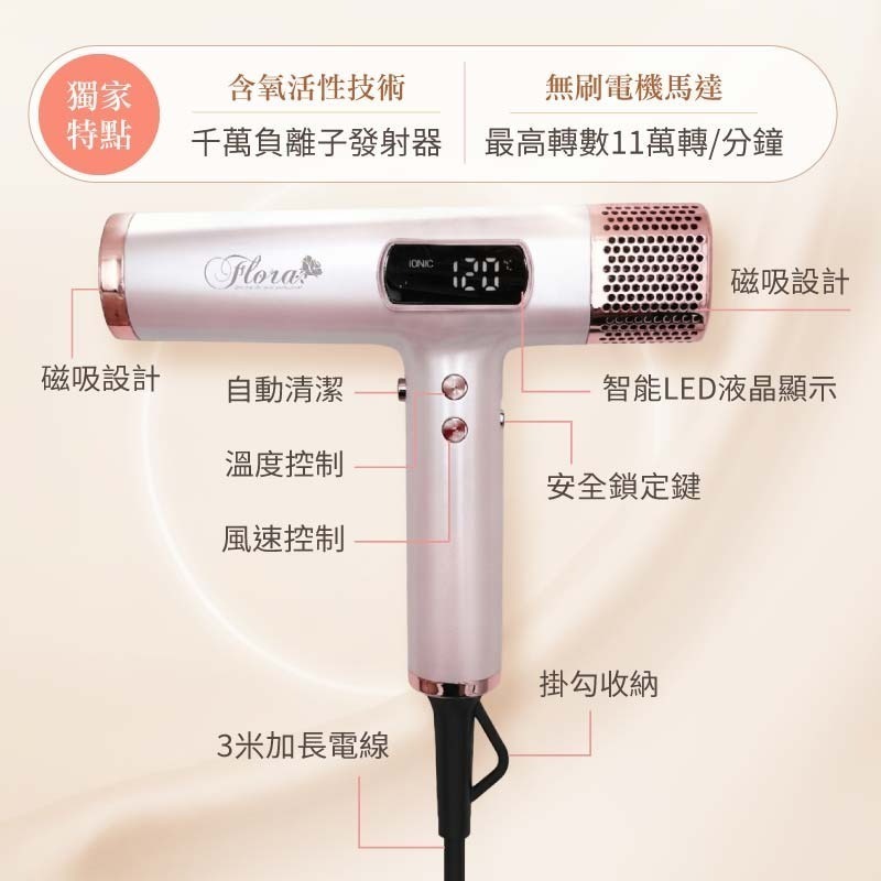 FLORA 負離子無刷吹風機 附磁吸捲髮棒 無刷馬達吹風機 高速吹風機 沙龍級吹風機-細節圖7