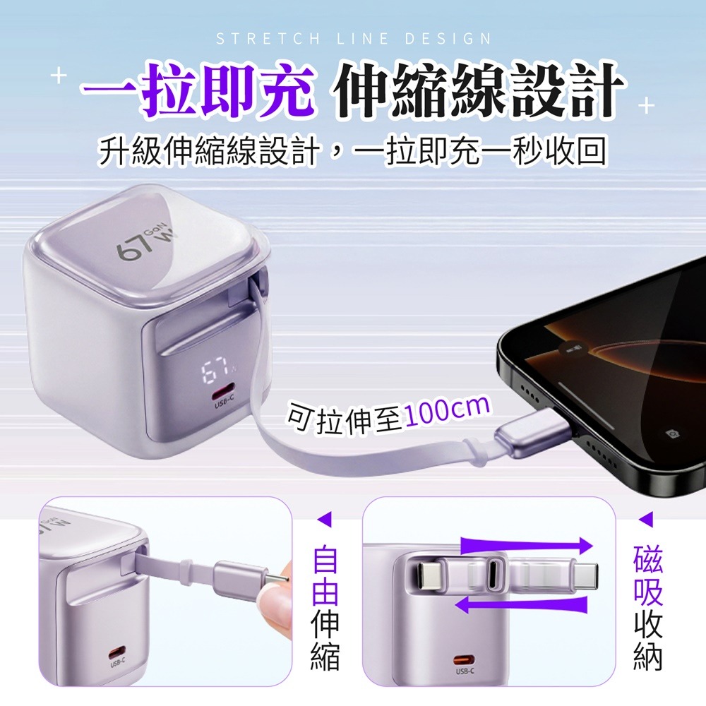 TOPSON 67W氮化鎵極速充電器 伸縮電源供應器 伸縮線充電器 GaN氮化鎵充電頭 伸縮線快充頭 PD快充充電頭-細節圖5