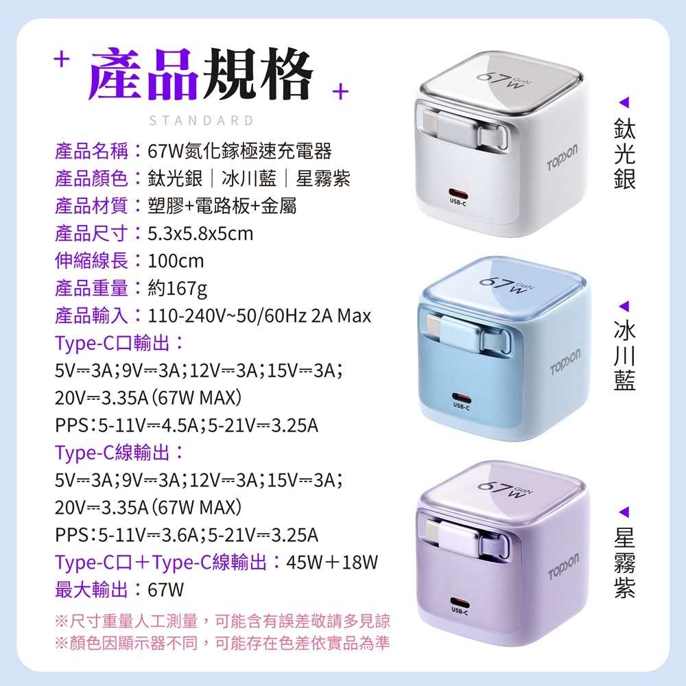 TOPSON 67W氮化鎵極速充電器 伸縮電源供應器 伸縮線充電器 GaN氮化鎵充電頭 伸縮線快充頭 PD快充充電頭-細節圖11
