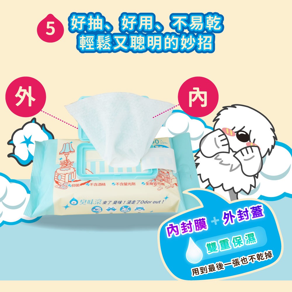 【ODOUT 臭味滾】狗狗專用除臭、抑菌濕紙巾 - 50抽-細節圖9