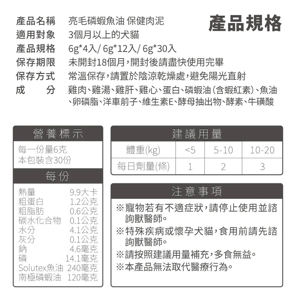 【毛掌醫學】亮毛磷蝦魚油 保健肉泥 | 爆毛神器 犬貓適用 - 6g*30-細節圖10