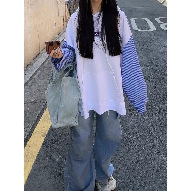 Ðöðöħö 正韓製 兩色 側開衩拼接條紋襯衫袖寬版帽T  Oversize 寬鬆版型 大尺碼-細節圖2