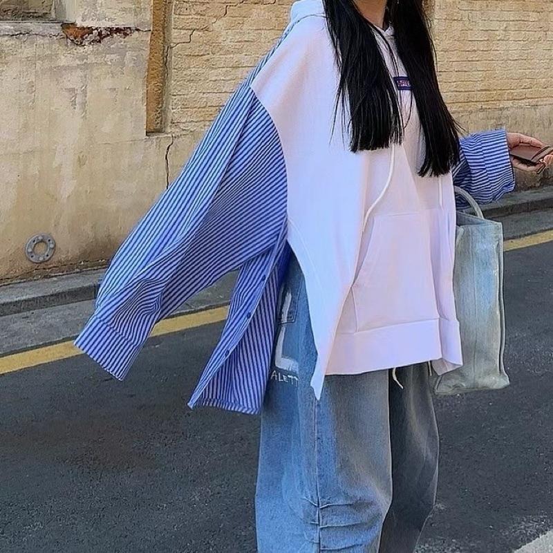 Ðöðöħö 正韓製 兩色 側開衩拼接條紋襯衫袖寬版帽T  Oversize 寬鬆版型 大尺碼-細節圖3