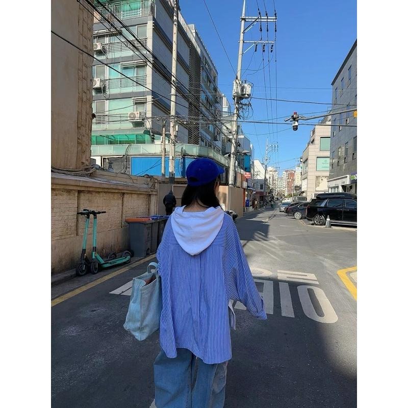 Ðöðöħö 正韓製 兩色 側開衩拼接條紋襯衫袖寬版帽T  Oversize 寬鬆版型 大尺碼-細節圖4