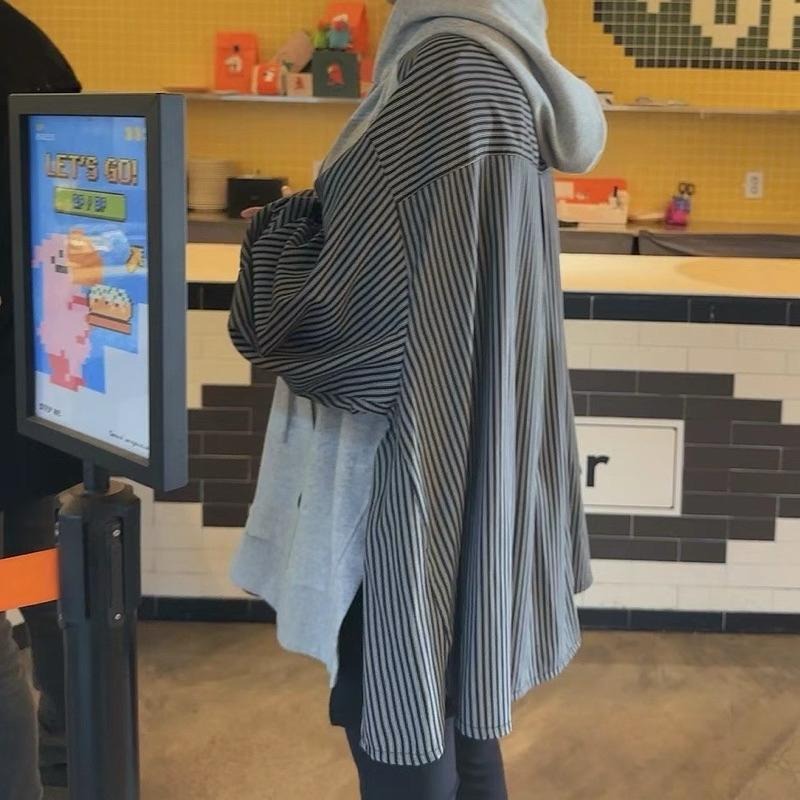 Ðöðöħö 正韓製 兩色 側開衩拼接條紋襯衫袖寬版帽T  Oversize 寬鬆版型 大尺碼-細節圖5