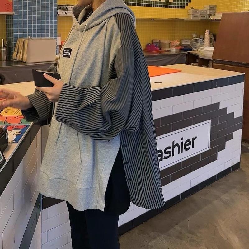 Ðöðöħö 正韓製 兩色 側開衩拼接條紋襯衫袖寬版帽T  Oversize 寬鬆版型 大尺碼-細節圖6