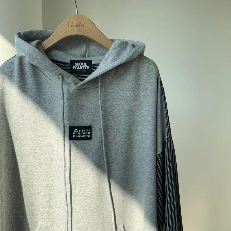 Ðöðöħö 正韓製 兩色 側開衩拼接條紋襯衫袖寬版帽T  Oversize 寬鬆版型 大尺碼-細節圖7