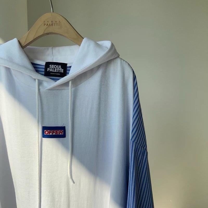 Ðöðöħö 正韓製 兩色 側開衩拼接條紋襯衫袖寬版帽T  Oversize 寬鬆版型 大尺碼-細節圖8