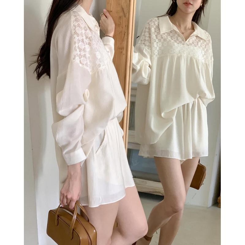 Ðöðöħö 正韓製 三色 泡泡蕾絲透膚襯衫套裝 彈性腰圍 親膚透氣 寬鬆版型-細節圖2