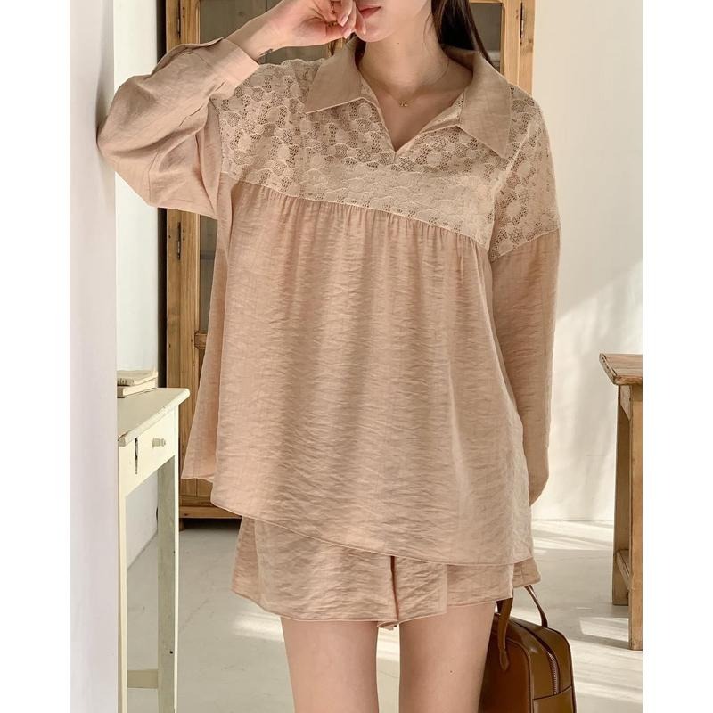 Ðöðöħö 正韓製 三色 泡泡蕾絲透膚襯衫套裝 彈性腰圍 親膚透氣 寬鬆版型-細節圖3