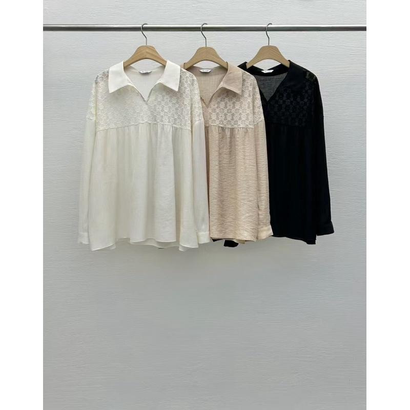 Ðöðöħö 正韓製 三色 泡泡蕾絲透膚襯衫套裝 彈性腰圍 親膚透氣 寬鬆版型-細節圖4