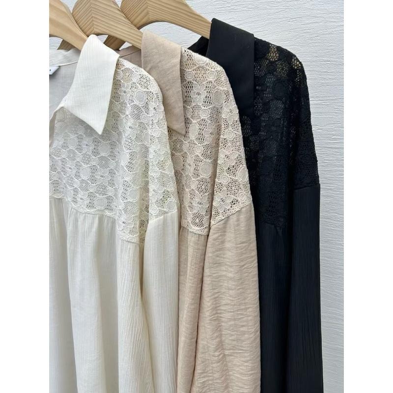 Ðöðöħö 正韓製 三色 泡泡蕾絲透膚襯衫套裝 彈性腰圍 親膚透氣 寬鬆版型-細節圖6