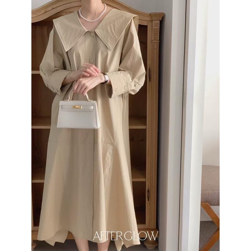 Ðöðöħö 正韓製 兩色 V領不對稱襯衫連身裙 寬鬆版型 修身顯瘦-細節圖5
