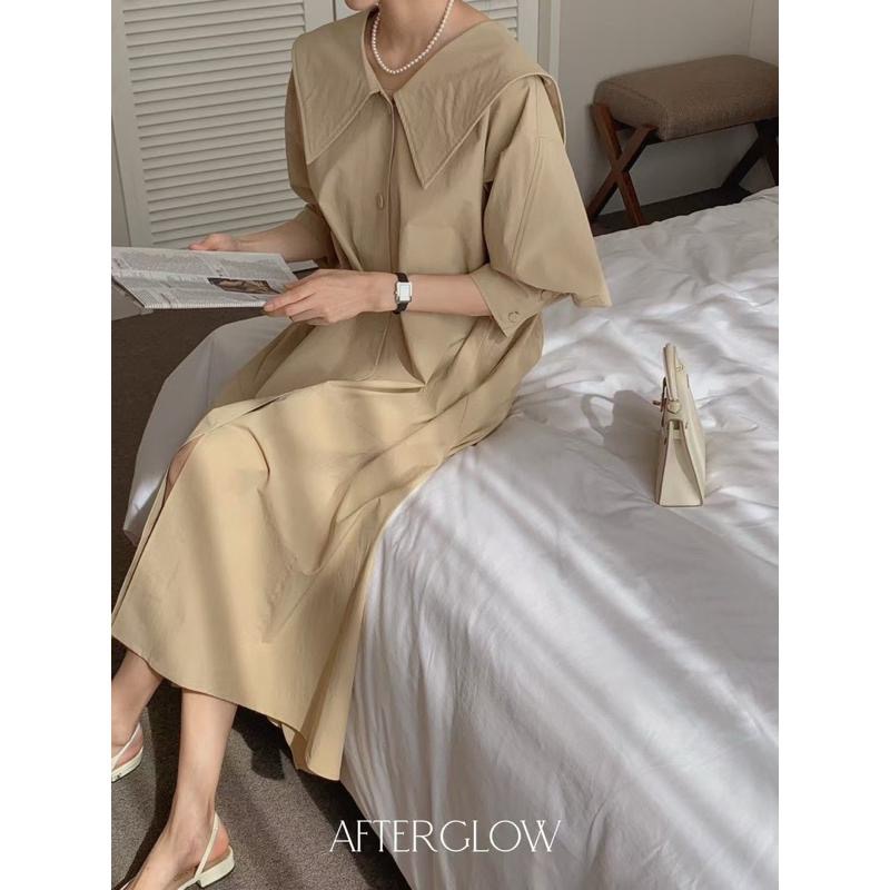 Ðöðöħö 正韓製 兩色 V領不對稱襯衫連身裙 寬鬆版型 修身顯瘦-細節圖6