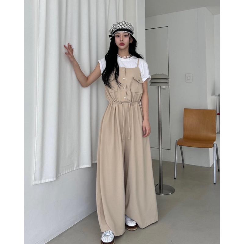 Ðöðöħö 正韓製 兩色 抽繩綁帶鈕扣連身褲 修身設計 寬褲版型-細節圖2