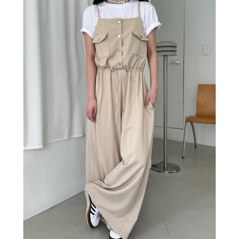 Ðöðöħö 正韓製 兩色 抽繩綁帶鈕扣連身褲 修身設計 寬褲版型-細節圖3