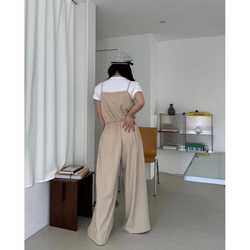 Ðöðöħö 正韓製 兩色 抽繩綁帶鈕扣連身褲 修身設計 寬褲版型-細節圖4