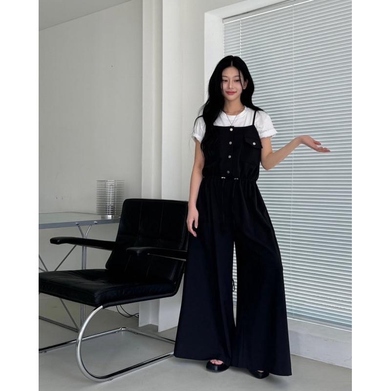 Ðöðöħö 正韓製 兩色 抽繩綁帶鈕扣連身褲 修身設計 寬褲版型-細節圖5