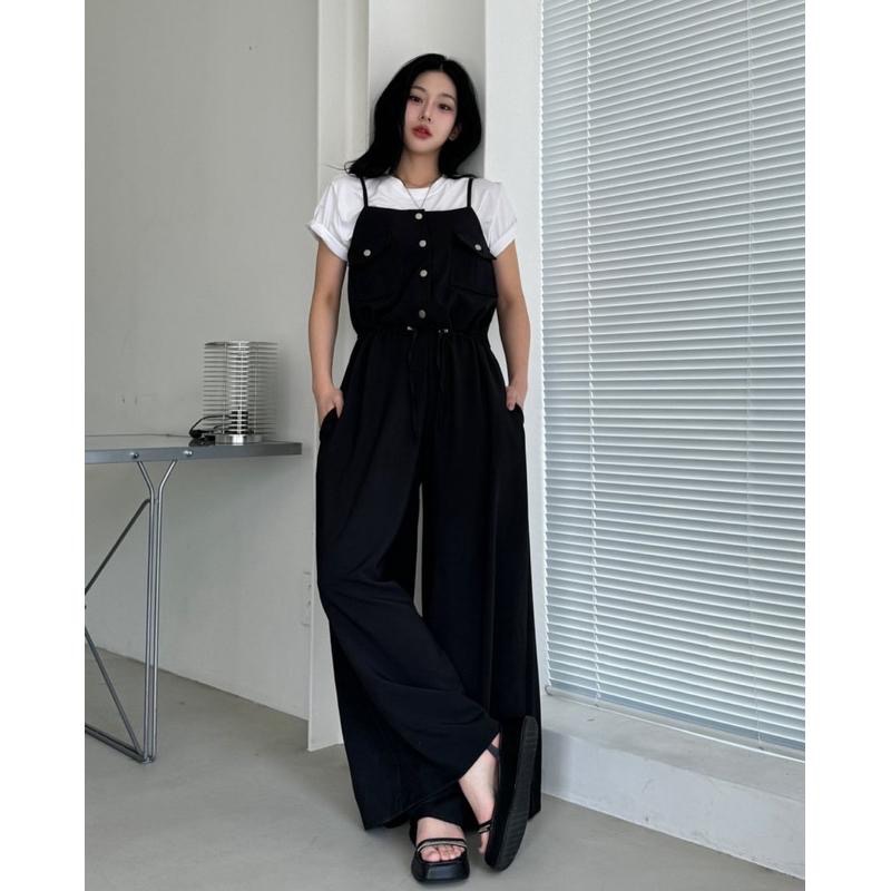 Ðöðöħö 正韓製 兩色 抽繩綁帶鈕扣連身褲 修身設計 寬褲版型-細節圖6