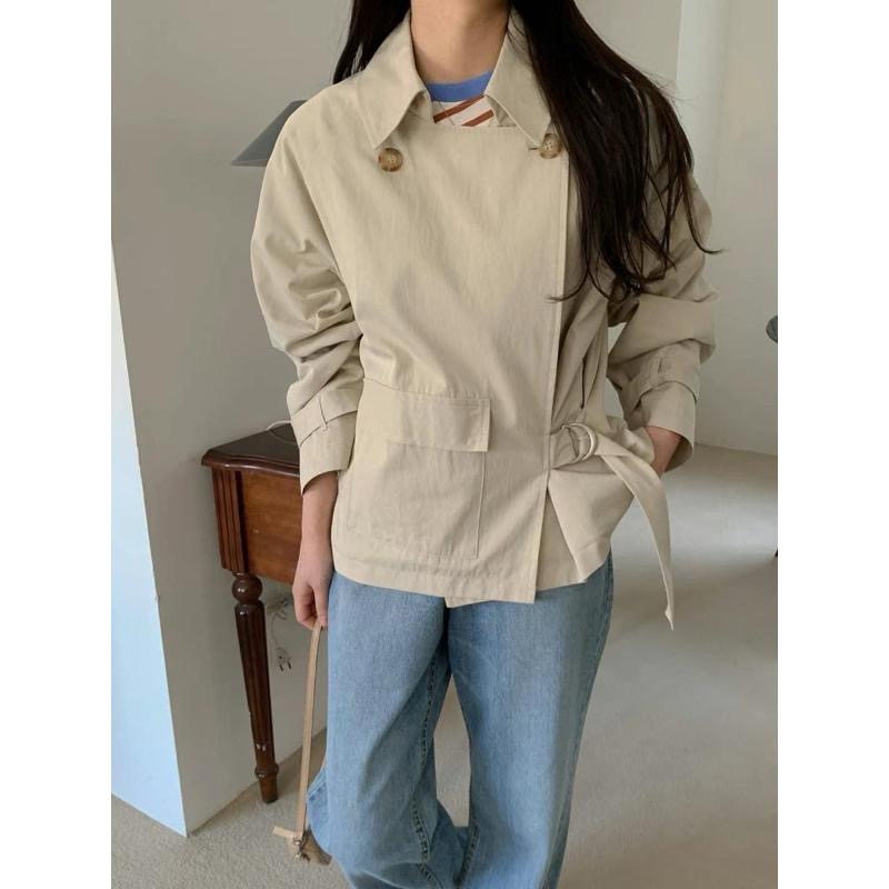 Ðöðöħö 正韓製 兩色 雙扣口袋綁腰短版風衣外套 寬鬆版型 百搭單品-細節圖3