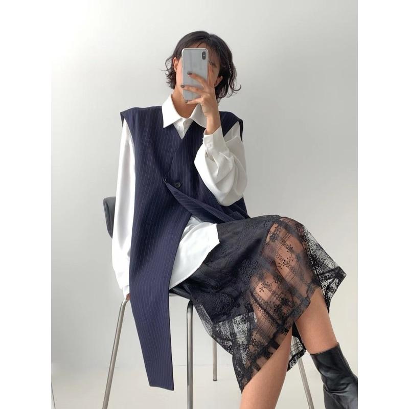 Ðöðöħö正韓製 兩色 條紋雙扣寬鬆背心 職場穿搭 必備單品-細節圖2