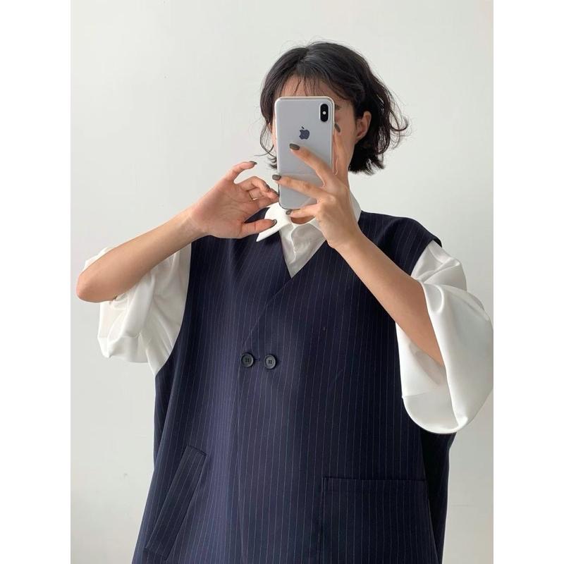 Ðöðöħö正韓製 兩色 條紋雙扣寬鬆背心 職場穿搭 必備單品-細節圖4