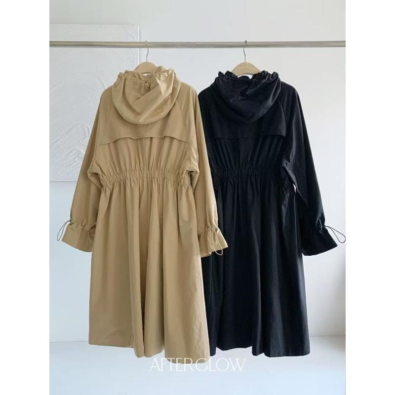 Ðöðöħö 正韓製 兩色 天絲褶皺抽繩長版連帽外套 寬鬆版型 修身設計 百搭單品-細節圖2