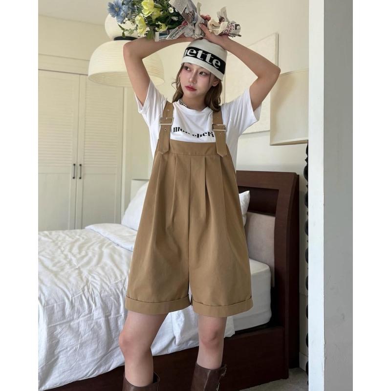 Ðöðöħö 正韓製 三色 金屬釦調節棉質吊帶褲 寬鬆版型 翻摺褲管-細節圖2