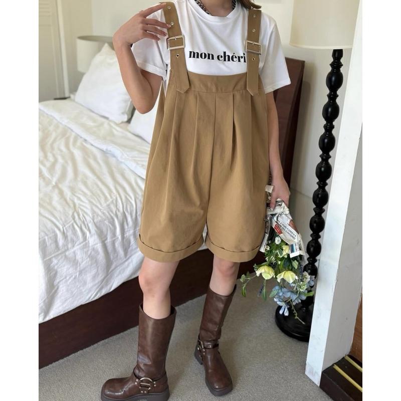 Ðöðöħö 正韓製 三色 金屬釦調節棉質吊帶褲 寬鬆版型 翻摺褲管-細節圖3