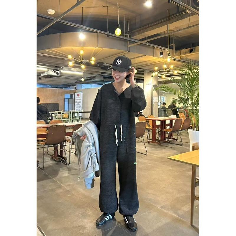 Ðöðöħö正韓製 兩色 抽繩收腰羅紋連身褲 寬鬆版型 修身設計-細節圖2