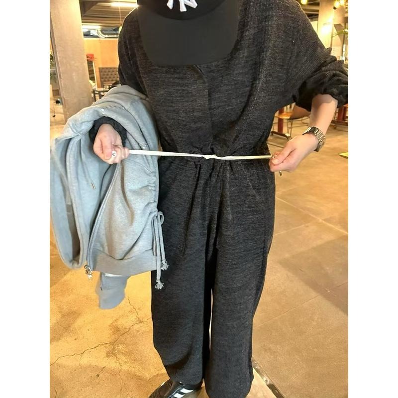 Ðöðöħö正韓製 兩色 抽繩收腰羅紋連身褲 寬鬆版型 修身設計-細節圖3