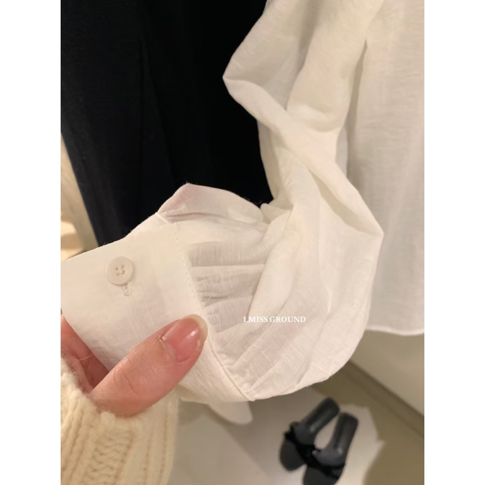 Fredön 現貨24H出貨｜領片控請收！雕花蕾絲娃娃襯衫｜胸圍100cm｜衣長60cm｜深藍-細節圖9